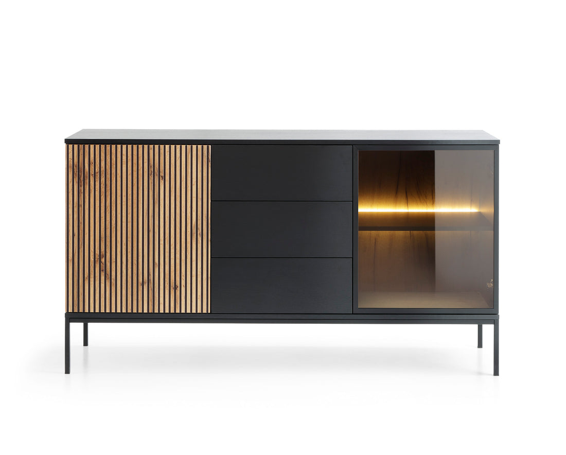 Comodă living modernă 154 cm cu 2 uși și 3 sertare, LED și sistem push-to-open, MDF, finisaj negru mat cu stejar ELYSÉE