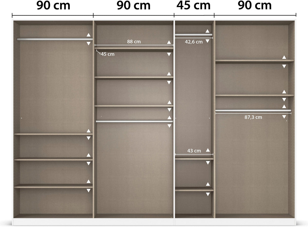 Dulap 315 cm lungime, 7 uși batante, culoare cașmir, finisaj mat, compartimentare premium, 229 cm înălțime