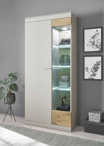 Vitrină modernă 199 cm, culoare gri-maro, 2 uși și 10 rafturi, 12 compartimente, design spațios și organizat pentru depozitare și expunere în living