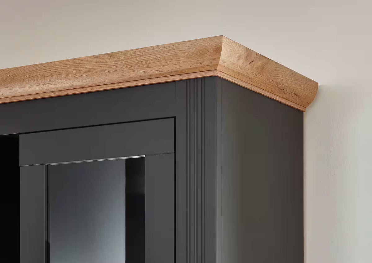 Bufet gri antracit 202 cm cu 4 uși, 3 sertare și rafturi multiple, compartimentare premium pentru living sau dining, mobilier modern 129 cm lățime