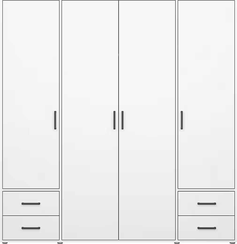 Dulap 187 cm lățime, 4 uși batante și 4 sertare, culoare alb alpin, 194 cm înălțime, compartimentare premium cu 7 rafturi și bară haine