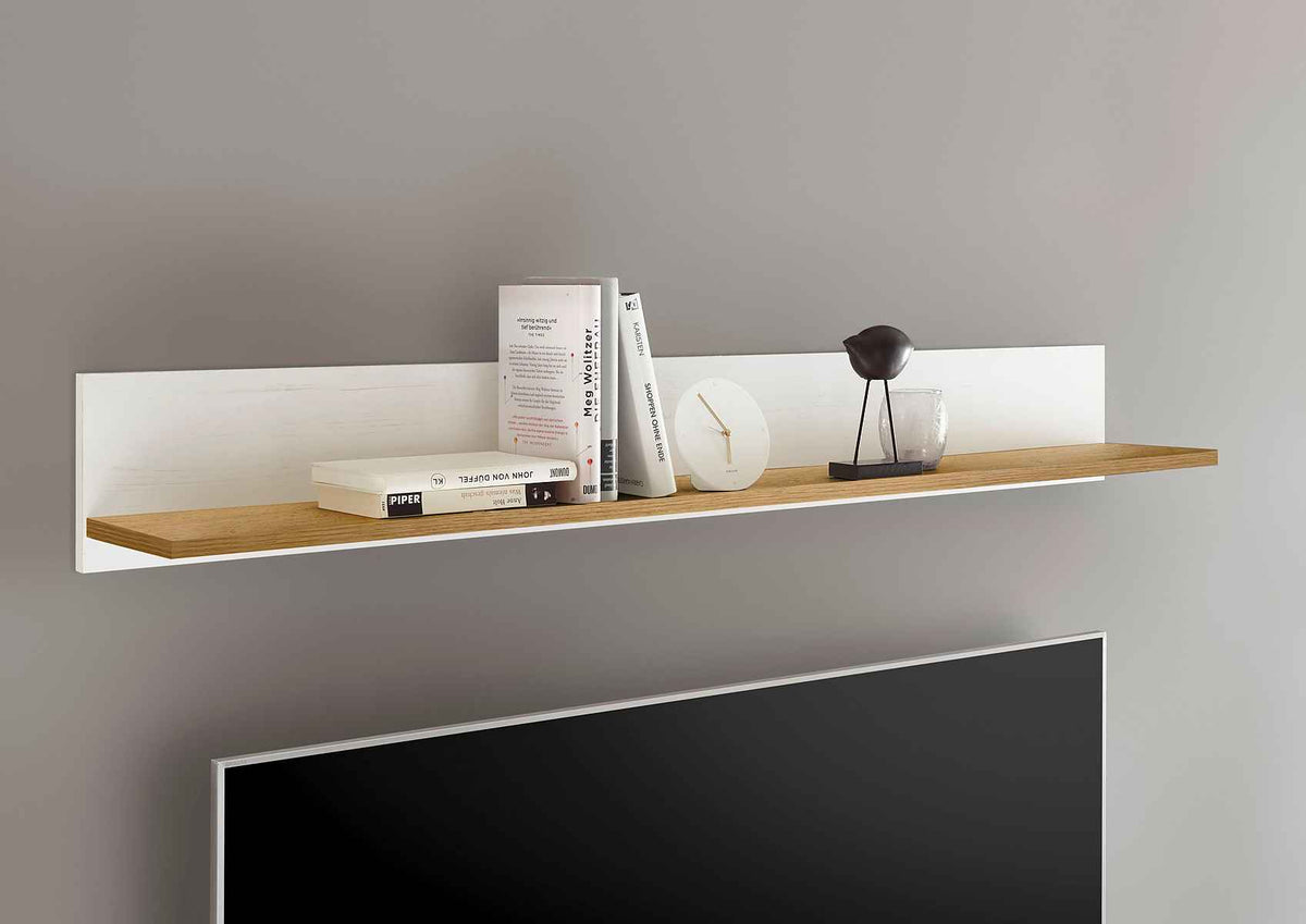 Etajeră 138 cm lățime, alb-maro, raft suspendat din MDF, design modern pentru living, dormitor sau birou