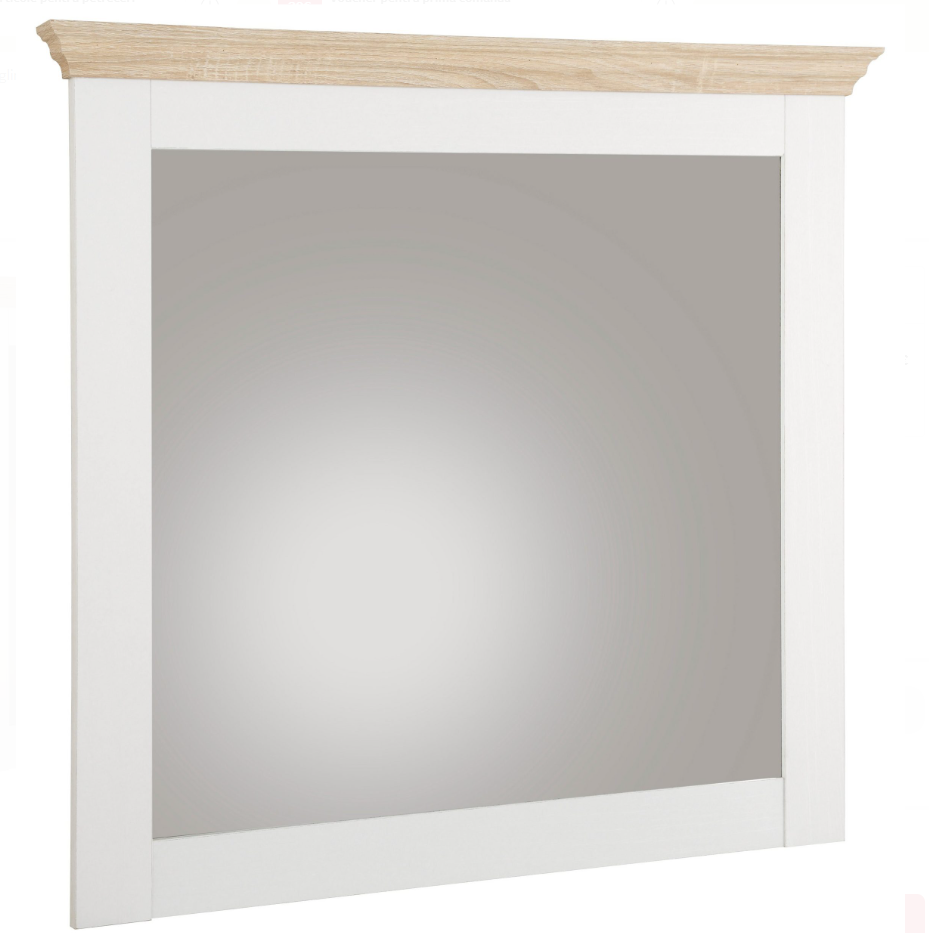 Oglindă 75 cm, culoare alb-stejar, ramă din PAL, design modern pentru hol sau baie, 70 cm înălțime