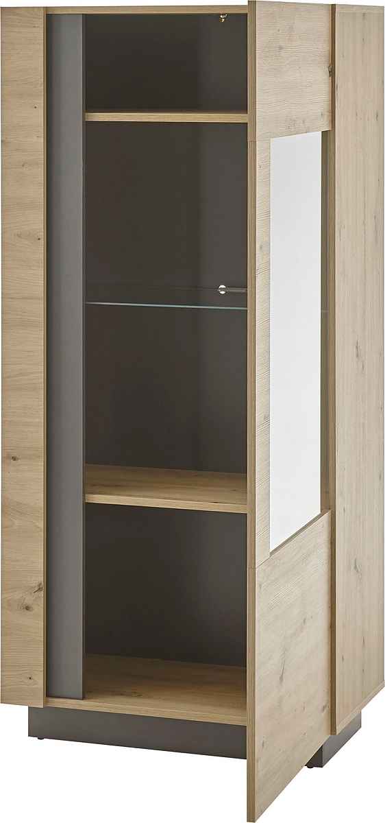 Vitrină modernă 72 cm lățime, culoare stejar, 154 cm înălțime, 1 ușă și 3 rafturi, design elegant și funcțional pentru depozitare și expunere, model ELEMENT