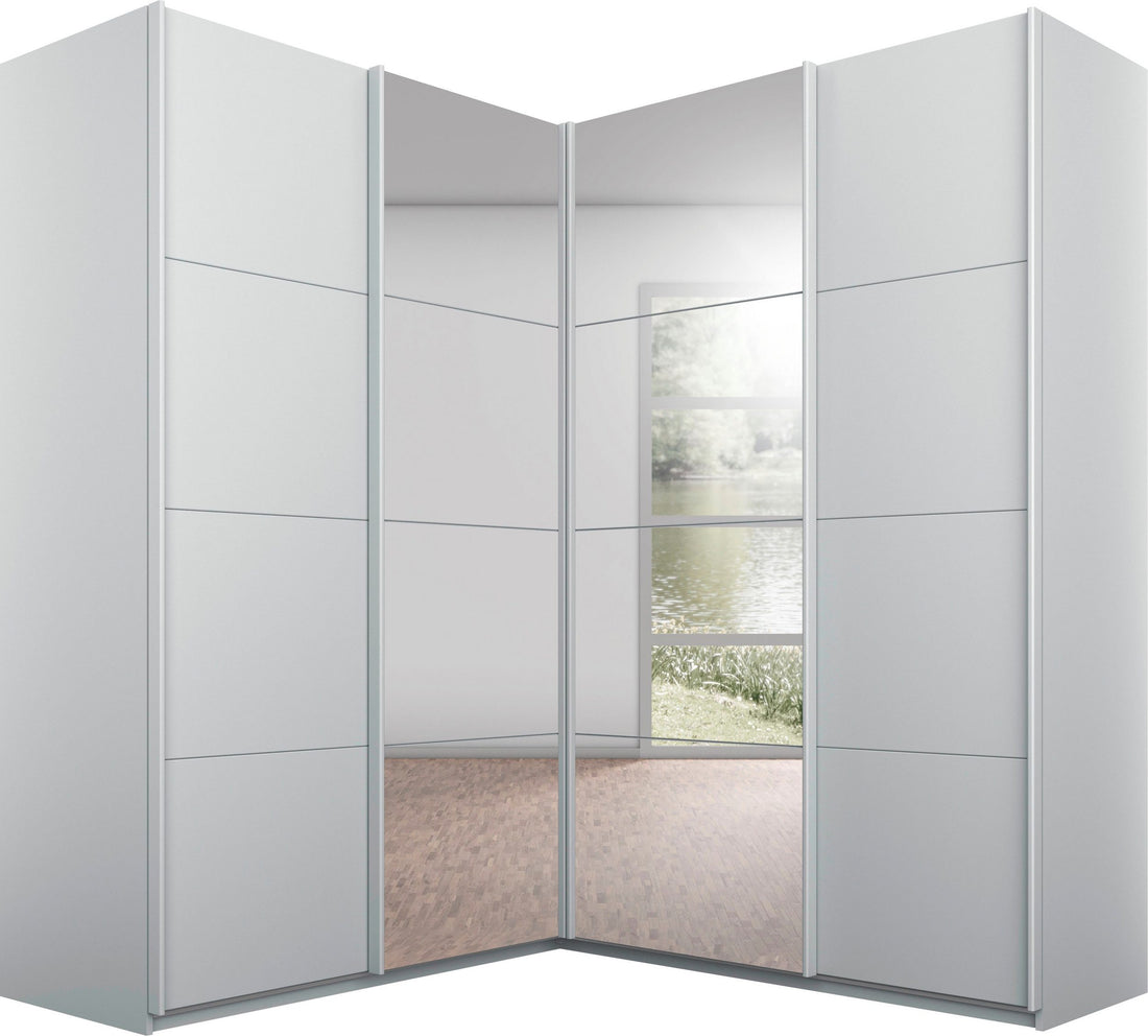 Dressing pe colț 181x187 cm, 4 uși glisante cu oglinda, compartimentare premium, culoare gri matase, 210 cm înălțime
