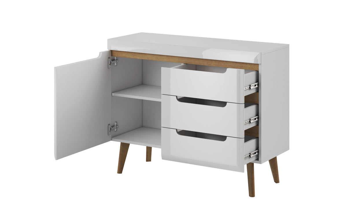 Comodă living modernă 107 cm cu 3 sertare și ușă, MDF și PAL, alb lucios cu inserții stejar, picioare din lemn masiv DOLOMITES