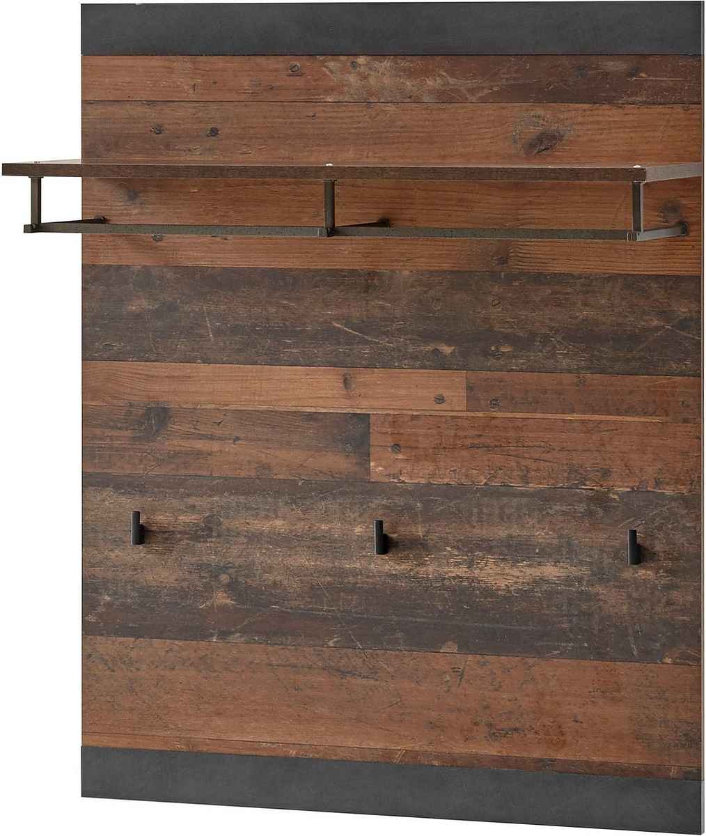 Cuier 80 cm, cu 3 cârlige, bară pentru haine și raft, structură MDF și metal, culoare maro-negru, design industrial modern, 100 cm înălțime