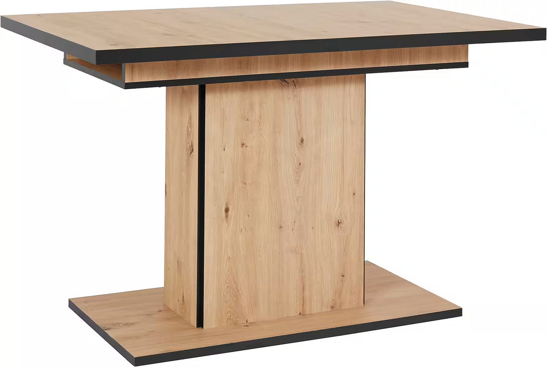 Masă dining extensibilă 120-160 cm, sonoma-negru, blat gros cu extensie, design modern cu picior central, ideală pentru bucătărie sau living