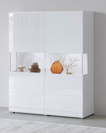 Comodă alb lucios 121,5 cm cu 2 uși vitrate și rafturi multiple, design modern elegant pentru living sau dining, înălțime 152,5 cm