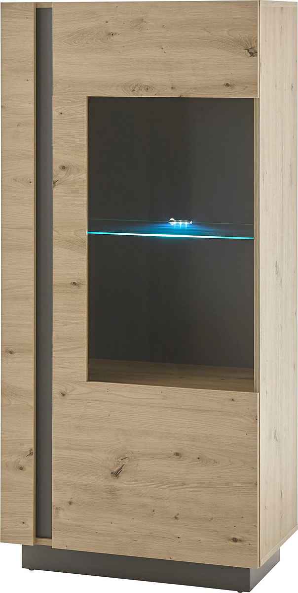 Vitrină modernă 72 cm lățime, culoare stejar, 154 cm înălțime, 1 ușă și 3 rafturi, design elegant și funcțional pentru depozitare și expunere, model ELEMENT