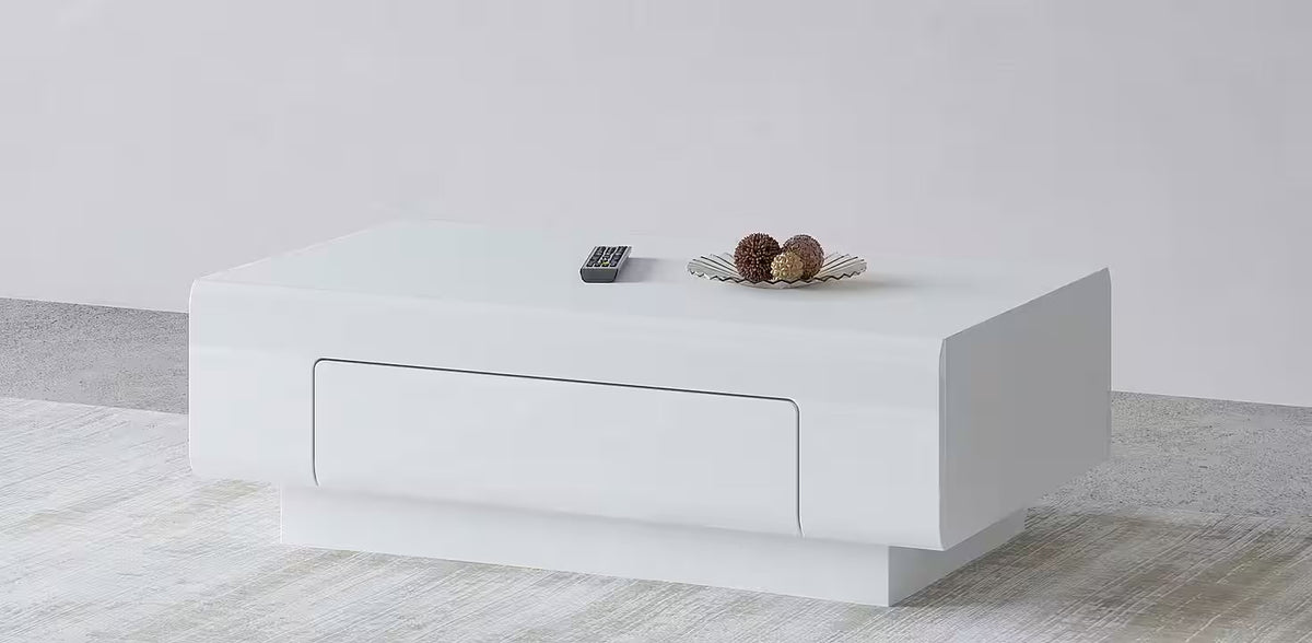 Masuta de cafea dreptunghiulara cu sertar, fronturi alb lucios, culoare alba, 110x60 cm, design modern si elegant pentru living