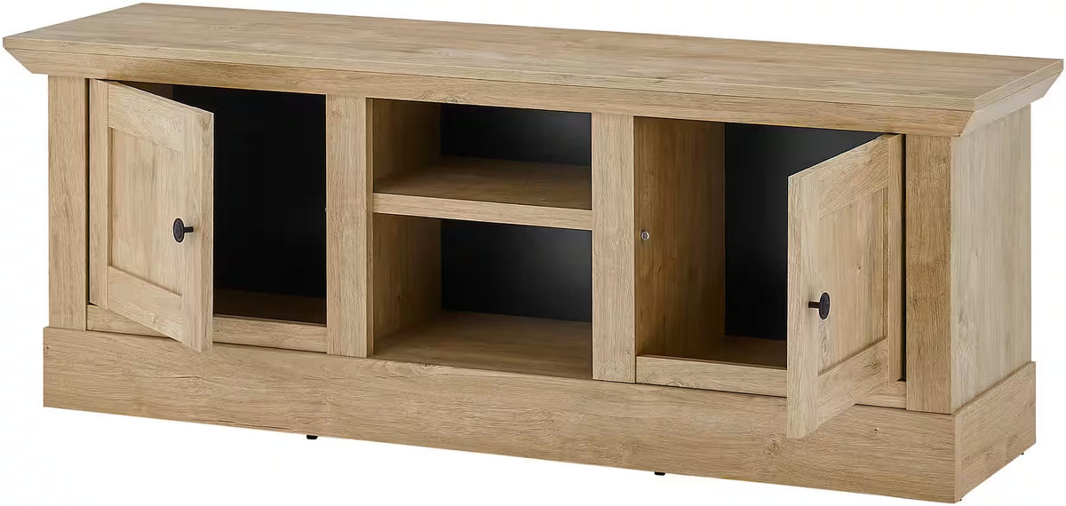 Comodă TV maro 152 cm cu 2 uși, raft și 3 compartimente, design modern pentru living, spațiu generos pentru depozitare și media, înălțime 55 cm
