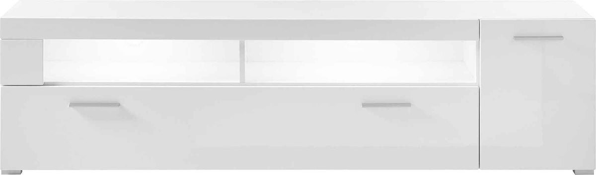 Comodă TV albă 180 cm cu 2 uși și 5 compartimente, design modern pentru living, spațiu generos pentru depozitare și media, înălțime 48 cm