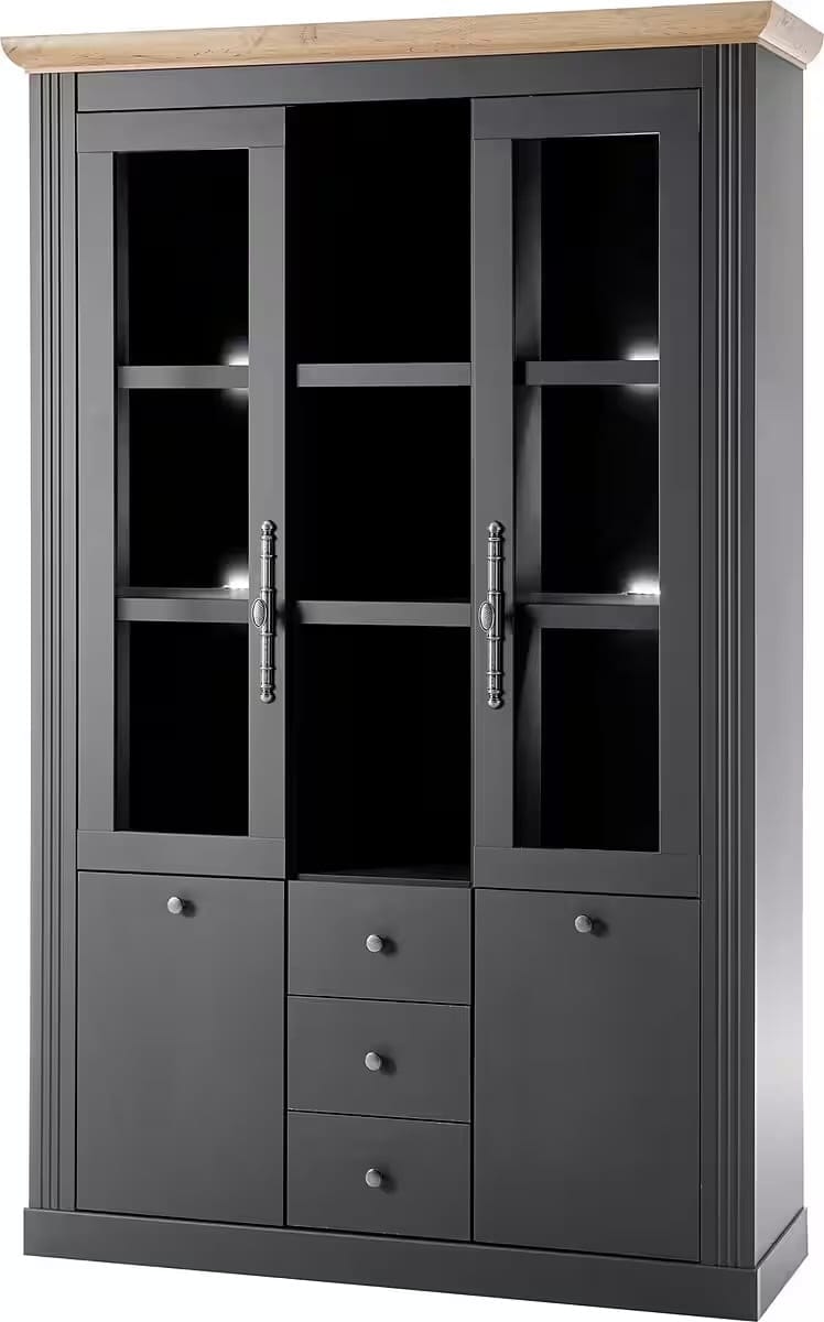Bufet gri antracit 202 cm cu 4 uși, 3 sertare și rafturi multiple, compartimentare premium pentru living sau dining, mobilier modern 129 cm lățime