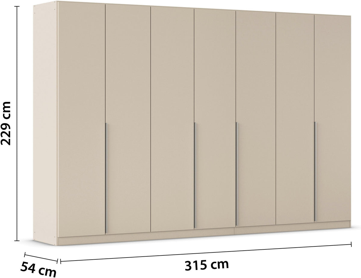 Dulap 315 cm lungime, 7 uși batante, culoare cașmir, finisaj mat, compartimentare premium, 229 cm înălțime