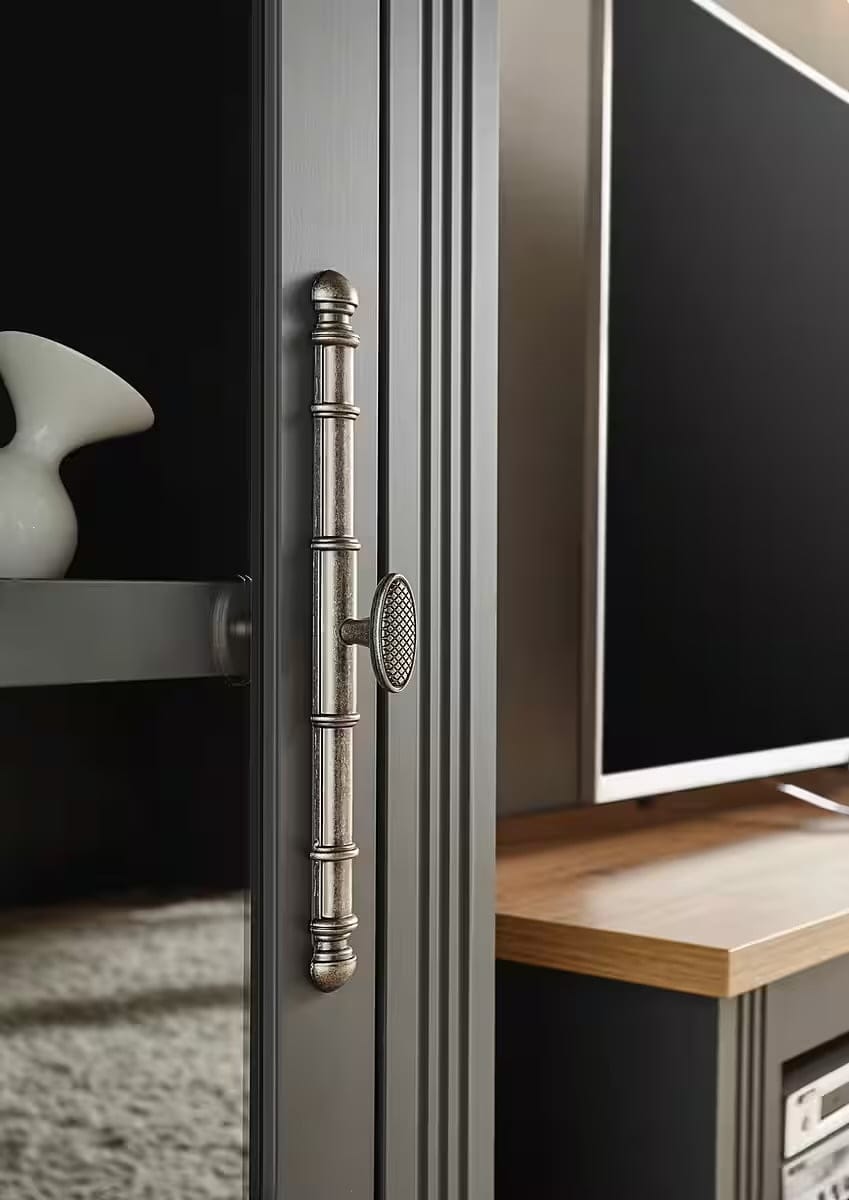 Bufet gri antracit 202 cm cu 4 uși, 3 sertare și rafturi multiple, compartimentare premium pentru living sau dining, mobilier modern 129 cm lățime
