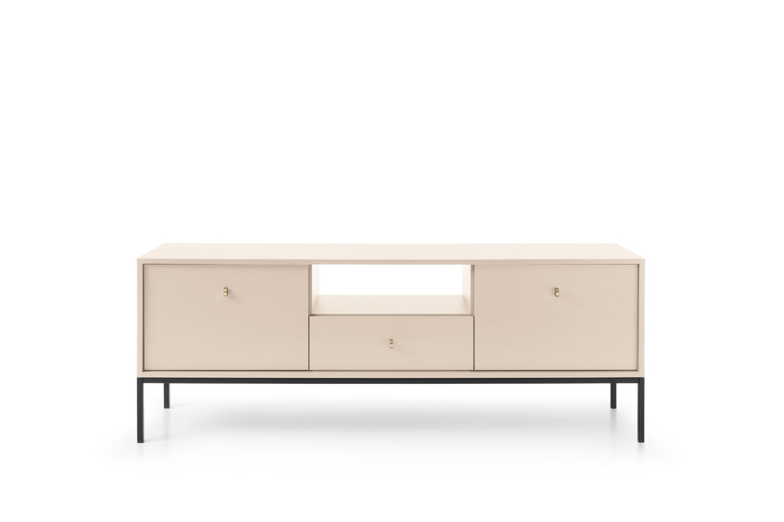 Comodă TV modernă 154 cm cu 2 uși și 1 sertar, MDF și metal, finisaj crem mat, picioare negre PALAZZO