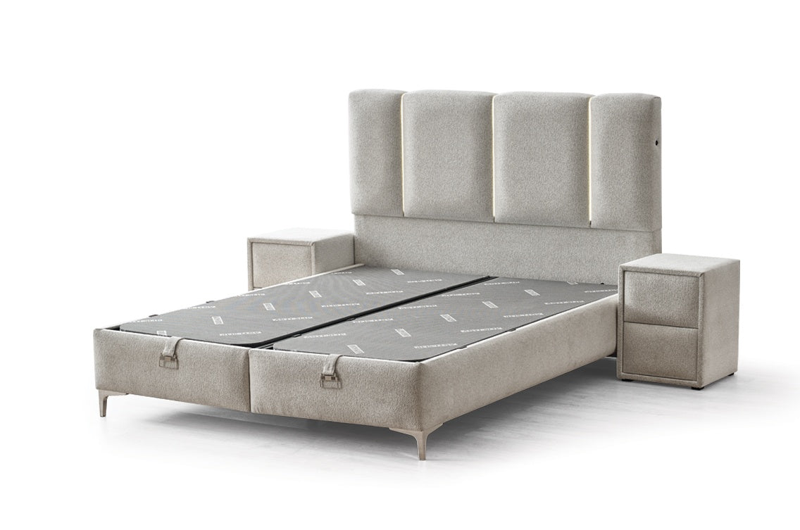 Pat Boxspring ALLURE cu ladă de depozitare, structură metalică, saltea premium, LED-uri integrat