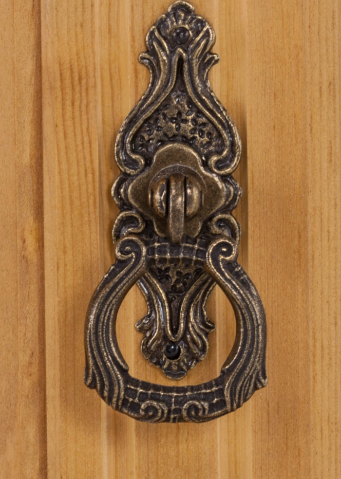 Comodă de colț din lemn masiv pin 90 cm cu ușă și raft, finisaj natural ceruit și mânere alamă antică, design rustic pentru living sau hol, înălțime 80 cm