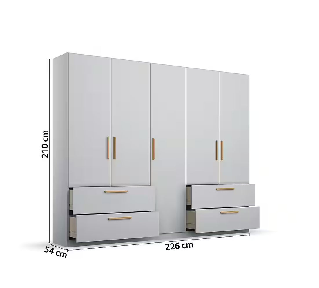 Dulap 226 cm lățime, 5 uși batante și 4 sertare, culoare gri mătase, 210 cm înălțime, compartimentare premium pentru organizare eficientă
