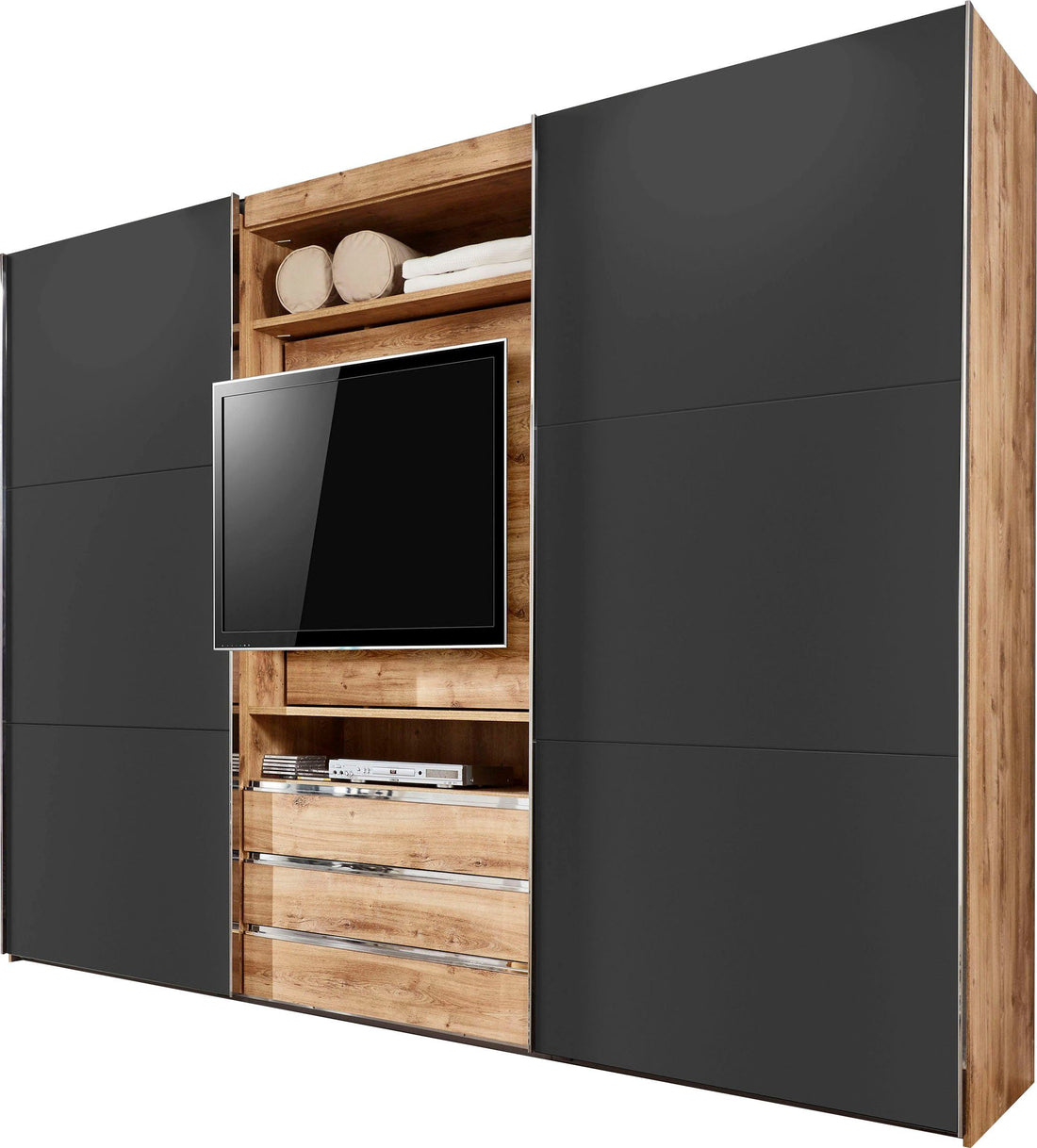 Dressing 300 cm lățime, 2 uși glisante, 3 sertare, spatiu pentru TV, gri antracit/stejar, 216 cm înălțime, compartimentare practică
