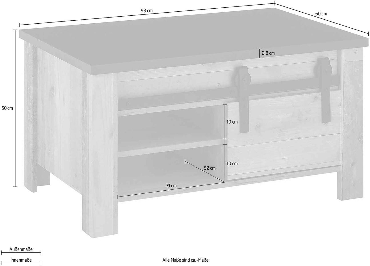 Masuta de cafea dreptunghiulara cu usa, compartimente si raft, MDF cu blat din lemn, culoare maro-negru, 93 cm, design modern si spatiu eficient de depozitare pentru living