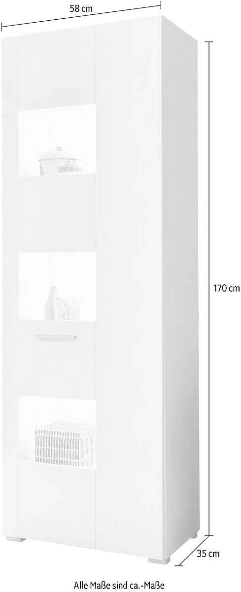 Vitrină modernă 170 cm, culoare alb, 1 ușă și 3 rafturi, 4 compartimente, design înalt și elegant pentru depozitare și expunere în living
