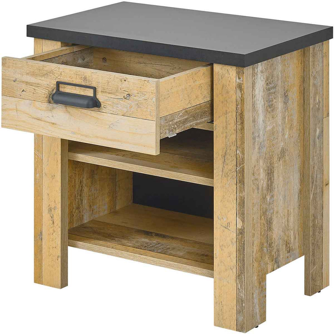 Noptieră 60 cm, culoare stejar închis, 1 sertar și 2 compartimente, design modern funcțional, material lemnos cu finisaj melaminat, 61 cm înălțime