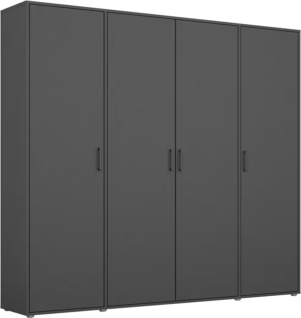 Dulap 187 cm lățime, 4 uși batante, culoare gri metalic, 194 cm înălțime, compartimentare premium cu 12 compartimente și 9 rafturi