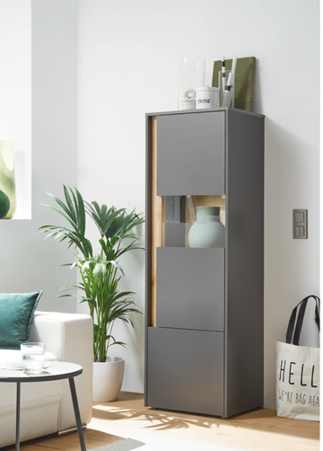 Vitrină modernă gri mat cu accente lemn, design elegant și minimalist, spații deschise și închise pentru depozitare și expunere, ideală pentru living sau birou