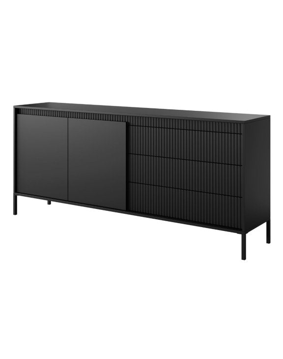 Comodă grafit 187 cm cu 3 sertare și 2 compartimente, design modern minimalist cu fronturi riflate și finisaj mat pentru living sau dormitor, înălțime 81 cm STRIA