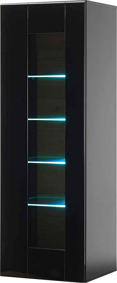 Vitrină modernă 131 cm, culoare negru, 1 ușă și 4 rafturi, 5 compartimente, design compact și elegant pentru depozitare și expunere