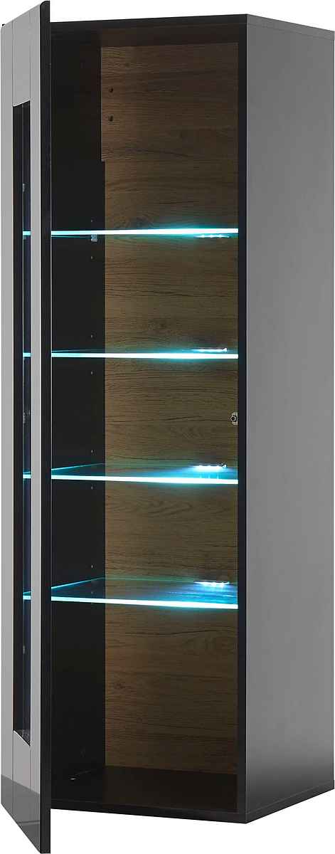 Vitrină modernă 131 cm, culoare negru, 1 ușă și 4 rafturi, 5 compartimente, design compact și elegant pentru depozitare și expunere