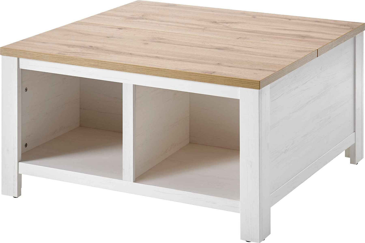 Masuta de cafea moderna cu spatii de depozitare, MDF, culoare alb-maro, 93 cm, design elegant si functional pentru living contemporan