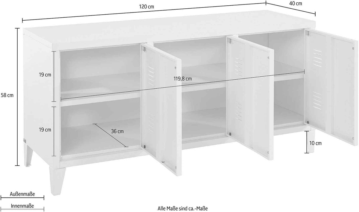 Comodă TV stil industrial, metal gri mat, cu uși și compartimente multiple, design modern pentru living, spațiu generos de depozitare