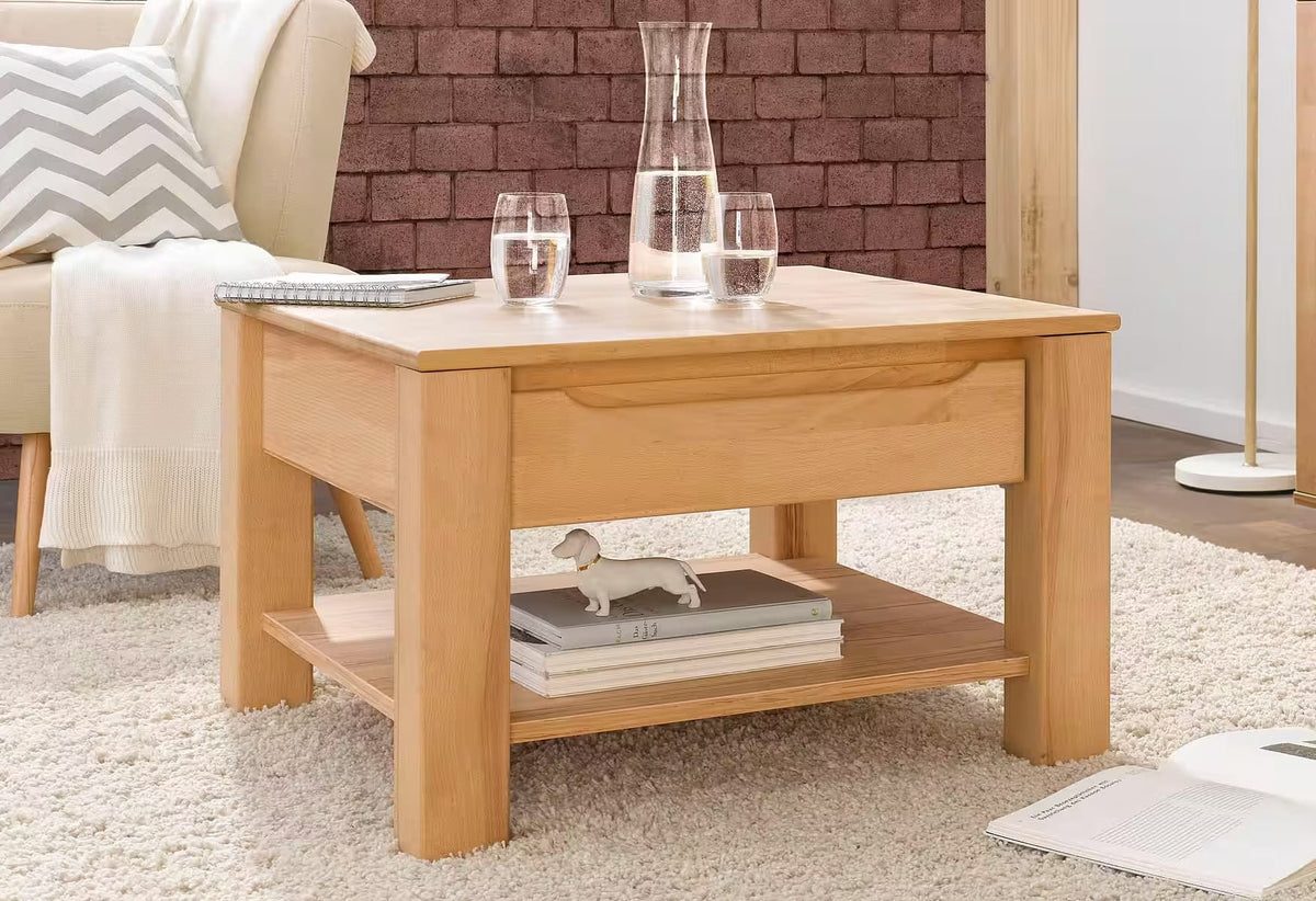 Masuta de cafea patrata cu sertar si raft, MDF, culoare maro deschis, 70 cm, design compact si functional cu spatiu practic de depozitare pentru living