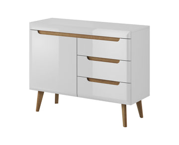 Comodă living modernă 107 cm cu 3 sertare și ușă, MDF și PAL, alb lucios cu inserții stejar, picioare din lemn masiv DOLOMITES