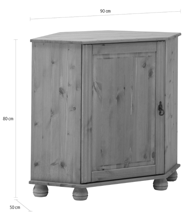 Comodă de colț din lemn masiv pin 90 cm cu ușă și raft, finisaj natural ceruit și mânere alamă antică, design rustic pentru living sau hol, înălțime 80 cm