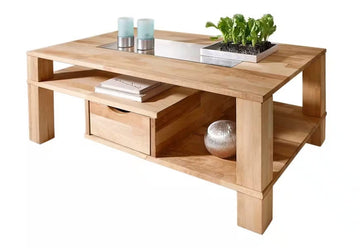 Masuta de cafea dreptunghiulara cu rafturi si sertar, MDF, culoare maro deschis, 110 cm, design practic si elegant cu spatiu generos pentru depozitare in living