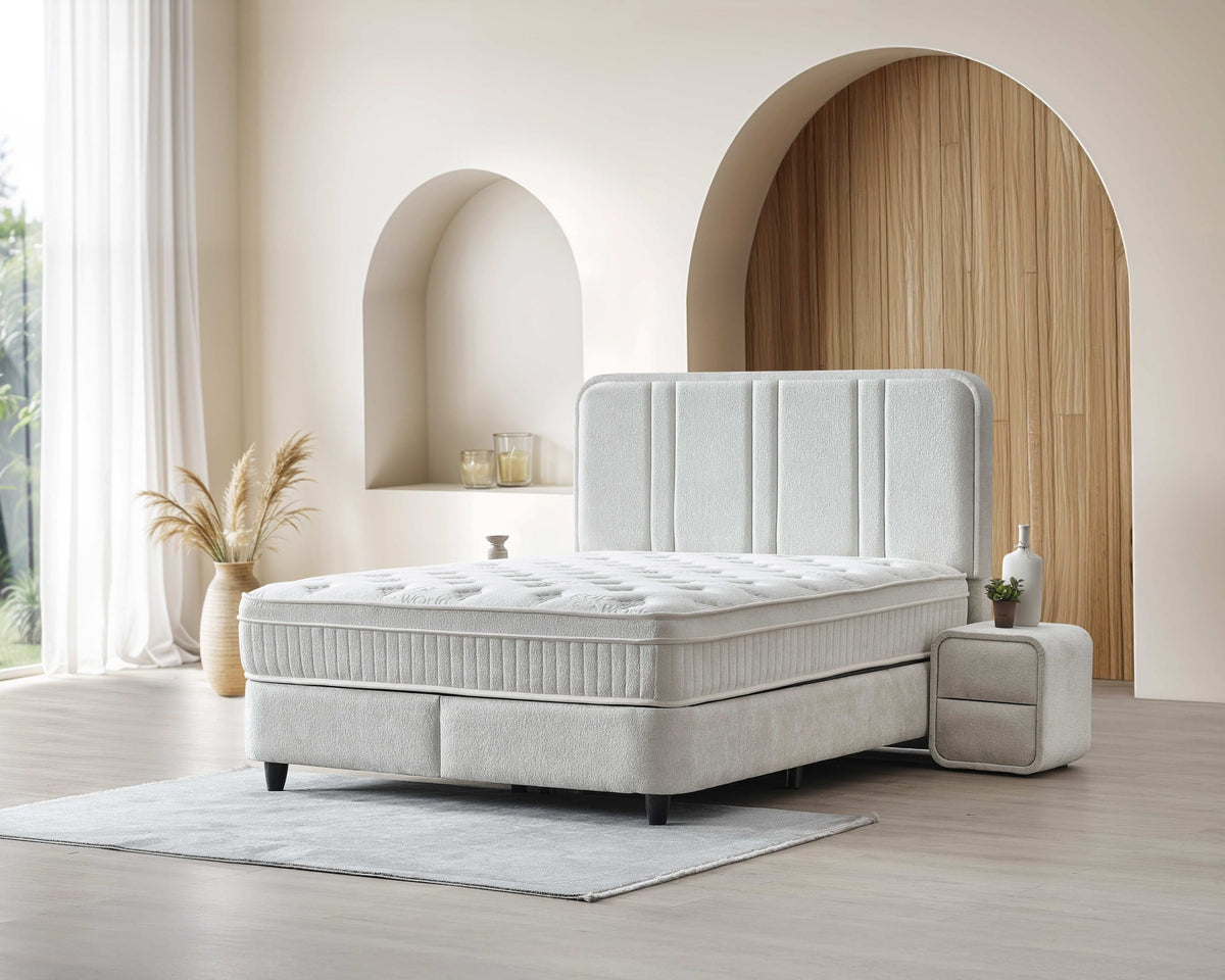 Pat Boxspring HUGO cu ladă de depozitare, structura metalica, material și saltea premium, design modern