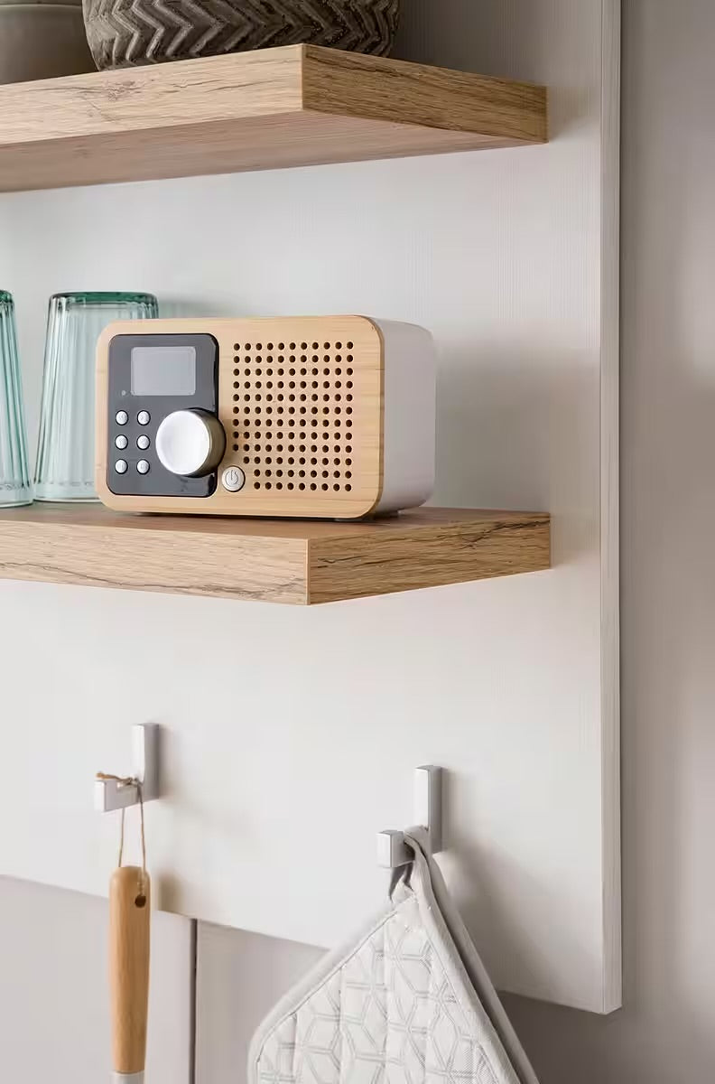 Etajeră 60 cm, alb-stejar, 2 rafturi, design rustic-modern compact pentru depozitare, model MYKONOS