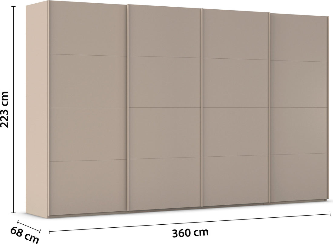 Dressing 360 cm lungime, 4 uși glisante, culoare casmir, finisaj mat, compartimentare premium, 223 cm înălțime