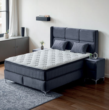 Pat Boxspring BELLA cu ladă de depozitare, structură metalică, material si saltea premium cu topper integrat