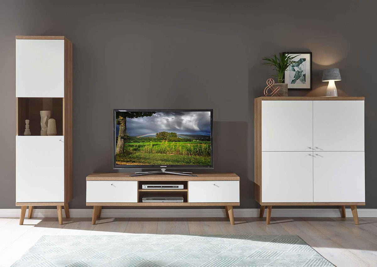 Vitrină modernă 197 cm, culoare alb-maro, 1 ușă și 4 rafturi, 5 compartimente, design înalt și elegant pentru depozitare eficientă și expunere în living