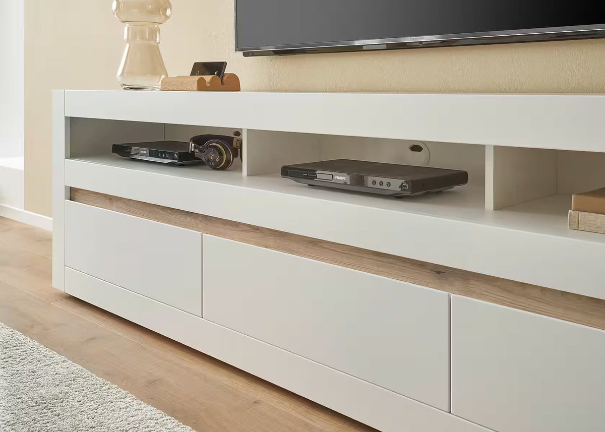 Comodă TV albă 217 cm cu 3 sertare și compartimente, fronturi MDF, design modern pentru living