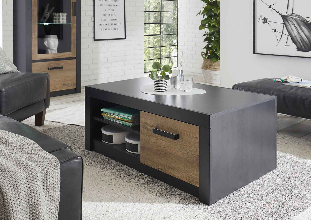 Masuta de cafea dreptunghiulara cu usi si raft, fronturi MDF si corp PAL, culoare maro-negru, 110 cm, design modern cu spatiu eficient de depozitare pentru living