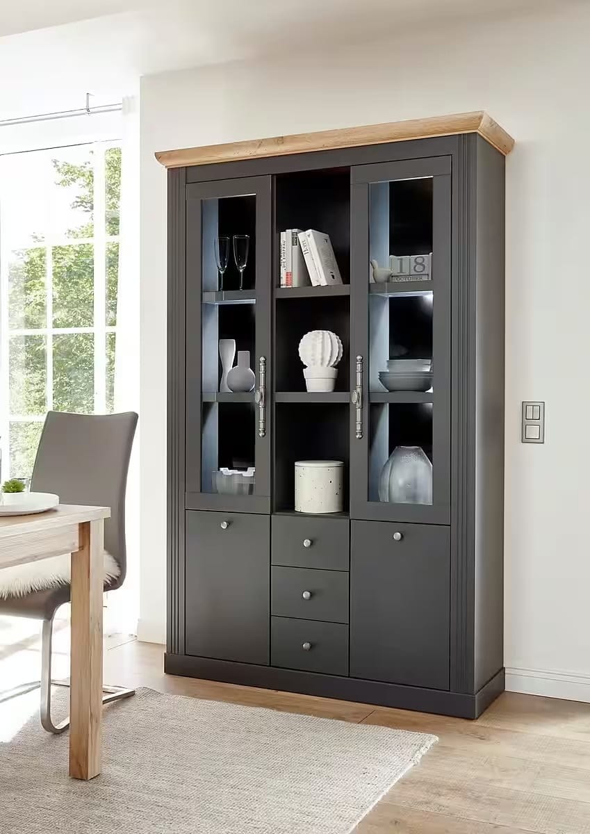 Bufet gri antracit 202 cm cu 4 uși, 3 sertare și rafturi multiple, compartimentare premium pentru living sau dining, mobilier modern 129 cm lățime