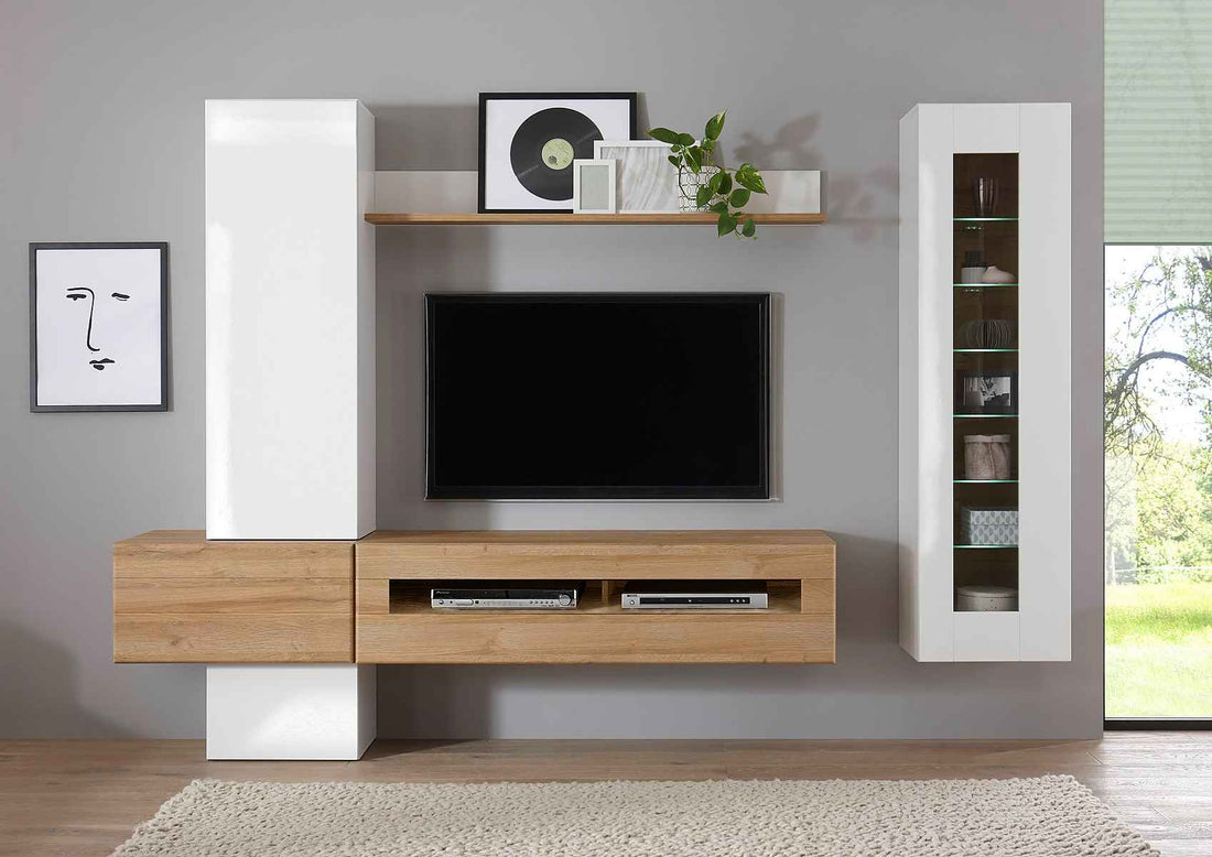 Dulap suspendat alb lucios 131 cm cu ușă, design minimalist modern pentru depozitare baie hol sau birou