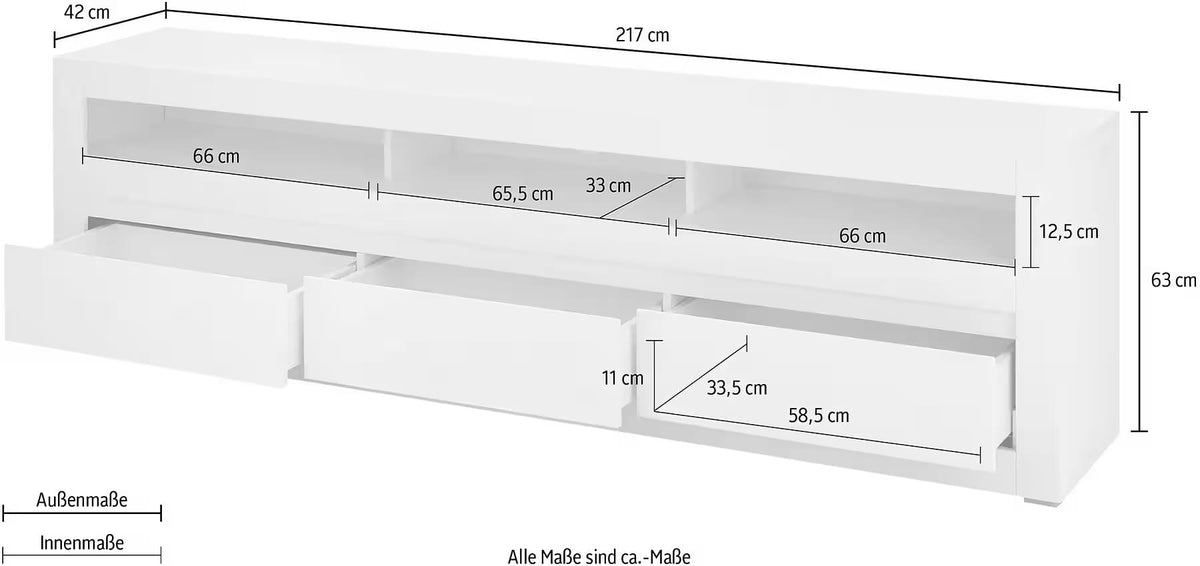 Comodă TV albă 217 cm cu 3 sertare și compartimente, fronturi MDF, design modern pentru living
