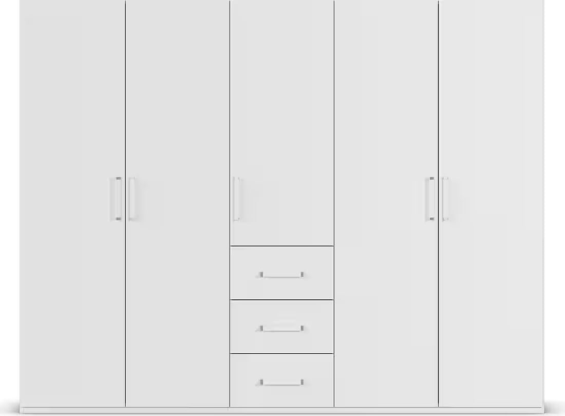 Dulap 251 cm lățime, 5 uși batante și 3 sertare, compartimentare premium cu bară haine, culoare alb alpin, material lemnos, 197 cm înălțime, design modern pentru dormitor